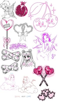 some drawings that are on top of a white sheet with pink and purple inks