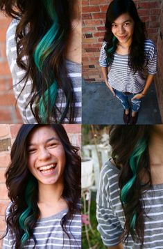 Single Peekaboo Hair Streak, Single Strand Hair Color, Single Streak Hair Color, Single Streak Of Color In Hair, Mermaid Highlights, Streaks Hair, Teal Highlights, Peekaboo Highlights, Blonde Streaks