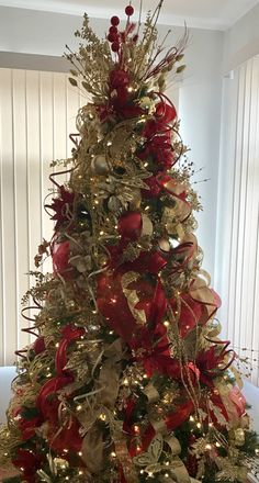 a christmas tree with red and gold decorations