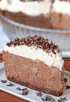 a piece of chocolate pie on a white plate