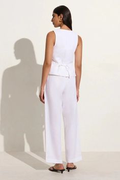 Duomo Pant White - Faithfull the Brand Pants With Ribbon, Tunic Vest, Vest And Pants, Vest Crop Top, White Linen Pants, Vest Style, Long Vest, Maxi Dress Sale, Timeless Wardrobe