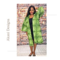 Green print Ankara cotton kimono  with side pockets.  45 inches long with 3/4 length sleeves and a detachable detachable belt.  This kimono can be worn with just about anything.  It's the perfect addition to your fall wardrobe! Fitted Long Green Kimono, Casual Green Kaftan With Kimono Sleeves, Fitted Long Sleeve Green Kimono, Green Cotton Robe With Kimono Sleeves, Oversized Cotton Kimono With Open Front, Oversized Cotton Open Front Kimono, Summer Cotton Outerwear With 3/4 Sleeve, Green Oversized Long Sleeve Kaftan, Oversized Long Sleeve Green Kaftan