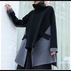 Oversized Turtleneck Swing Coat Casual Gray Turtleneck Outerwear, Oversized Turtleneck Outerwear For Fall, Oversized Long Sleeve Gray Outerwear, Oversized Gray Turtleneck Outerwear, Chic Black Turtleneck Outerwear, Oversized Black Turtleneck Outerwear, Black Turtleneck Outerwear For Layering, Long-sleeved Black Outerwear For Layering, Black Lagenlook Outerwear For Work