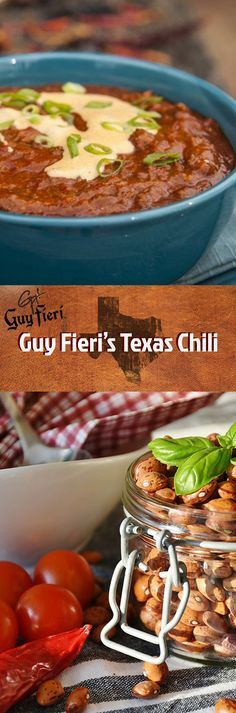 two pictures with different types of food in them and the words guy fieri's texas chili