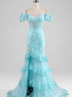 Mermaid/Trumpet Sweetheart Off-The-Shoulder Floor-Length Evening Dress With Split Side Blue Prom Dresses Mermaid, Sequin Mermaid Prom Dress, Sky Blue Prom Dress, Trumpet Prom Dress, Mermaid Prom Dress, Corset Dress Prom, Evening Dress Floor Length, Sophisticated Dress, Prom Dresses Blue