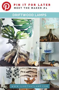 a collage of different types of lamps with text overlay that reads pin it for later meet the maker 23 driftwood lamps