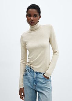 Fine-knit turtleneck sweater - Woman | MANGO USA Lurex Sweater, Turtleneck Jumper, Beaded Sweater, Rib Knit Cardigan, Turtle Neck Jumper, Linen Sweater, Ladies Turtleneck Sweaters, Detailed Sweater, Knit Turtleneck