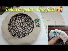 a woman is making a hat with leopard print on the front and side of it