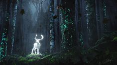 a white deer standing in the middle of a forest with green lights on it's antlers