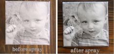 two pictures of a young boy with the words before and after spray painted on them