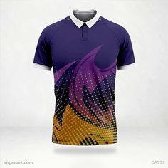 the shirt is designed to look like an abstract design with purple, yellow and orange colors