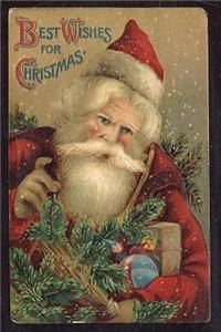 an old fashioned christmas card with santa claus holding a pine branch and looking at the camera