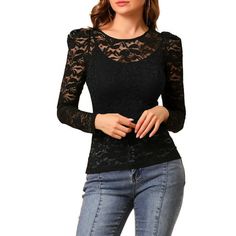 Add some romance to your look with this sheer lace top. Slight Stretch Fabric creates a breezy, textural base for this lace top, accented with puff sleeve for feminine dimension. Semi Sheer Material, a cami top or tube top should be worn, which is not included in this garment This sheer top has a feminine design of floral lace and long puff sleeves. A semi-sheer top featuring an allover floral lace design, round neck, long puff sleeves. Great for simple but trendy pants or skirts. Occasions: Cas Semi Sheer Top, Trendy Pants, Sheer Lace Top, Floral Lace Tops, Sheer Material, Puff Long Sleeves, Sheer Top, Feminine Design, Long Puff Sleeves