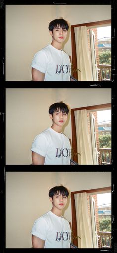 four different shots of a young man with short hair and wearing a white t - shirt