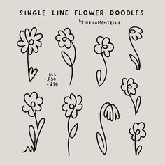 six flower doodles with the words, single line flower doodles