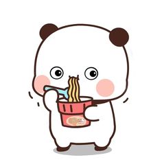 a cartoon bear holding a cup with noodles in it's mouth and eating something