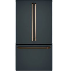 a black refrigerator freezer with two gold handles and an icebox in the door