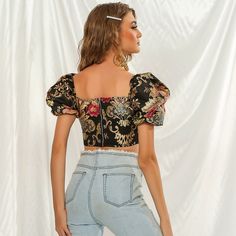 Fancy Puff Sleeve Corset Crop Top – The Fashion Doll House Fitted Multicolor Square Neck Tops, Chic Fitted Crop Top With Floral Embroidery, Fitted Floral Print Crop Top For Party, Fitted Multicolor Floral Print Crop Top, Fitted Puff Sleeve Crop Top For Party, Fitted Black Floral Print Crop Top, Corset Crop Top, Crop Tank, Cropped Tank Top