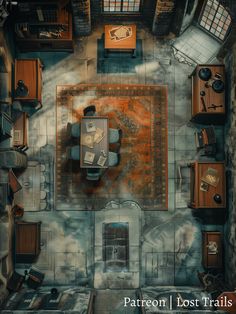 an aerial view of a living room and dining room from above, with the rug on the floor