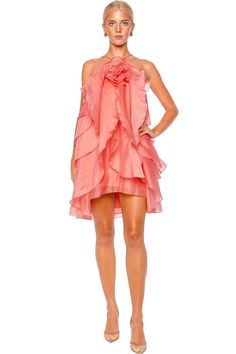 This coral mini dress features a layered design with a halter neckline embellished by a floral rosette applique. Fixed straps Back button fastening 100% polyester Dry clean Coral Mini Dress, Layered Design, Halter Mini Dress, Halter Neckline, Layers Design, Dresses For Sale, Full Length, Perfect Fit, Dress Outfits