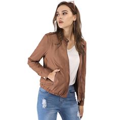 Refresh your Moto jacket collection with this lightweight jacket. Simple and understated, designed with a stand collar and center-front zip closure, making it versatile for styling up and down. It boasts button embellishments across the cuffs and neckline, inspired by the classic biker design. A contemporary join on a classic design, pair it this with jeans or over a dress for a chic outfit. Suede Biker, Moto Biker Jacket, Faux Suede Jacket, Woman Standing, Suede Jacket, Moto Jacket, Chic Woman, Lightweight Jacket, Biker Jacket