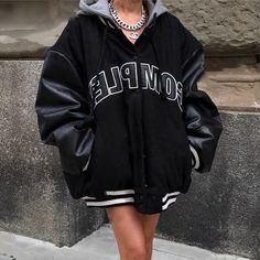 Color: Black, Size: M Grunge Outfits Black, Varsity Jacket Outfit, Y2k Tops, Y2k Shorts, Skirt And Sneakers, Y2k Clothes, Trendy Summer Outfits, Basic Long Sleeve, Jacket Brands