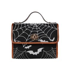 "► ABOUT THIS PURSE Colors & Design: Black, brown trim, gray bats & spiderwebs Express international shipping (cost of up to $25) is included in the price. The design is printed on all sides. The handle and trim are brown. The purse comes with a vegan brown strap. * Made from high-grade waterproof canvas, durable, water-resistant, rigid purse design * Can be used as a nice laptop iPad storage bag, business briefcase, college school bag, leisure travel tote bag, crossbody messenger bag, card wall Black School Bag For Halloween, Black Rectangular Shoulder Bag For Halloween, Rectangular Black Bag For Halloween, Spooky Black Bags For Halloween, Black Rectangular Bag For Halloween, Gothic Satchel Bag For Halloween, Black Crossbody Bag For Halloween, Gothic Travel Bag For Halloween, Spooky Black Halloween Bags