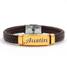 Amazing High Quality Hand braided leather bracelets perfect for everyone! The bars on the bracelets can have any name you would like to be engraved on them just leave us a message! Feel free to send us a question if you have any queries! Bracelet Name, Mens Bracelets, Braided Leather Bracelet, Christmas Gifts For Him, Leather Bracelets, Custom Name Necklace, Name Bracelet, Personalized Bracelets, Box Bag