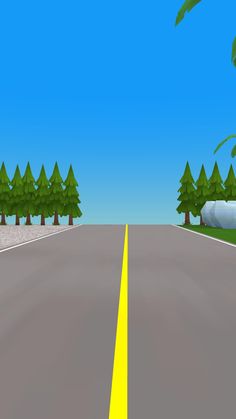 an animated view of a road with trees on both sides and yellow line down the middle