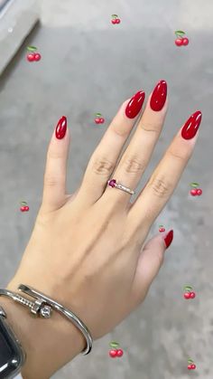 Simple Red Almond Nails, Scarlett Red Nails, Guatemala Nails Designs, Red Gel X Nails Almond, Cherry Aura Nails, Candy Apple Red Nails Acrylic, Red Cherry Nails Acrylic, Cute Nail Aesthetic, Almond Red Acrylic Nails