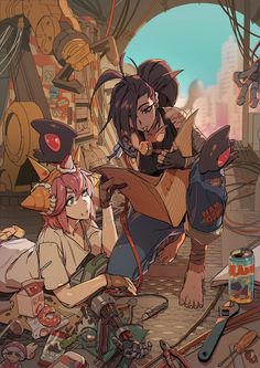 two anime characters sitting on the ground surrounded by junk and other things that are scattered around them