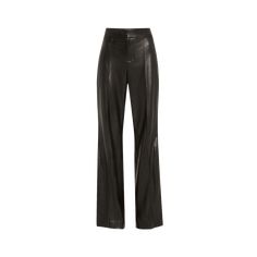 Alice + Olivia "Dylan" pants in faux-leather (polyurethane/polyester) Approx. 32.25" inseam; 11" rise High rise Pintucked front Back welt pockets Wide legs Full length Hook/zip fly Lining: Polyester Dry clean Imported Chic Leather Straight Pants, Chic Straight Leather Pants, Sleek Leather Bottoms For Fall, Chic Straight Leg Leather Pants, Modern Fitted Wide Leg Leather Pants, Chic Leather Straight Leg Bottoms, Chic Full Length Leather Pants, Chic Full-length Faux Leather Pants, Chic Standard Cut Leg Pants For Fall