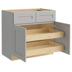 an open cabinet with two drawers on the bottom and one drawer in the middle, is shown