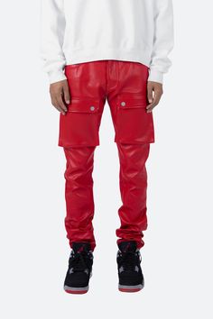 the Leather Snap Cargo Pants are designed with a fit that is relaxed throughout the leg, with cargo pockets located on the front thigh, and finishing off in our custom developed poly-leather fabric. details relaxed fit 100% polyester model is 6’1, 140 lbs and wears a size 30 Casual Leather Pants With Multiple Pockets, Red Cargo Pants With Pockets, Red Cargo Pants With Cargo Pockets, Casual Leather Bottoms With Side Pockets, Utility Leather Bottoms With Multiple Pockets, Leather Streetwear Cargo Pants With Multiple Pockets, Leather Cargo Pants With Multiple Pockets For Streetwear, Casual Leather Pants With Side Pockets, Casual Leather Bottoms With Pockets