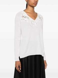 white knitted construction floral lace appliqué openwork areas V-neck long raglan sleeves ribbed cuffs and hem This item is in size 42 and the color is White Lace Knitwear, Latest Sweater, Lace Sweater, Detailed Sweater, Embroidered Sweater, Brown Sweater, Beige Sweater, Women Lace, White Sweaters