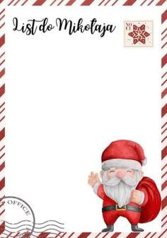 a christmas card with a santa clause on the front and bottom, in red and white stripes