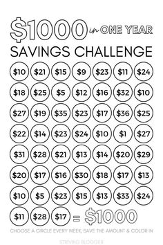 the $ 100 one year savings challenge is shown in this black and white poster with text