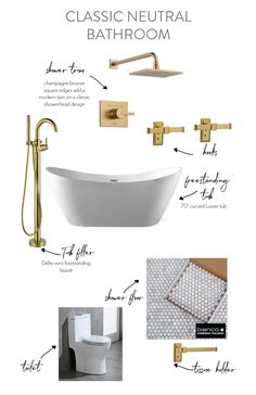 a bathroom with gold fixtures and accessories including a bathtub, shower head, sink fauce