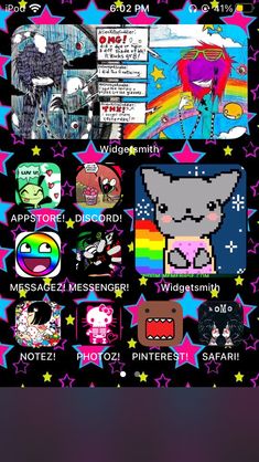 an iphone screen with many different stickers on it