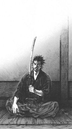 a black and white drawing of a man with a knife in his hand sitting on the ground