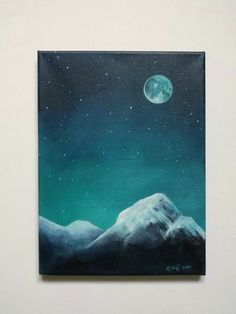 a painting of a mountain with the moon in the sky