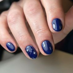 Deep Blue Nails Short, Cobalt Blue Gel Nails, Blue Stars Nail Art, Navy Shimmer Nails, Blue Nailart Nails, Dark Blue Starry Nails, Police Inspired Nails, Short Blue And Silver Nails, Simple Christmas Nail Designs Blue