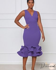 V-neck Sleeveless Ruffles Mermaid Evening Dresses Ruffle Layered Dress, Fishtail Dress, Women's Evening Dresses, Vestidos Vintage, Mermaid Evening Dresses, Layer Dress, Dresses By Length, Purple Fashion, Midi Dress Sleeveless