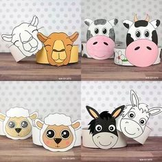 several farm animals are sitting on the shelves in front of each other, and one is wearing a cow mask