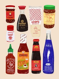 six different types of ketchup bottles are shown in this illustration, each with an individual's own label