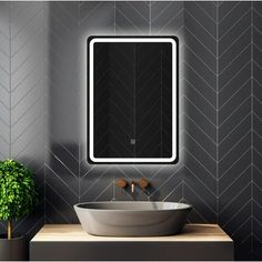 a bathroom sink with a mirror above it and a plant in the corner next to it