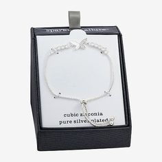 Features: In A Gift Box, Adjustable, Nickel FreeCircumference: 10 1/2 InchShape: ButterflyStone Cut: RoundMetal Color: Silver ToneChain Length: 6 3/4 InchChain Width: 1.4 MillimetersCare: Wipe CleanStone Type: 38 Cubic ZirconiaBracelet Type: Bolo BraceletsMetal: Pure Silver Over BrassIs Beaded: NoCountry of Origin: Imported Adjustable Personalized Cubic Zirconia Bracelets, Adjustable Personalized Bracelet In Cubic Zirconia, Personalized Adjustable Cubic Zirconia Bracelets, Silver Cubic Zirconia Name Bracelet As Gift, Adjustable Silver Jubilee Name Bracelet, Adjustable Personalized Bracelets With Cubic Zirconia, Cubic Zirconia Charm Bracelet With Adjustable Chain As Gift, Cubic Zirconia Charm Bracelet With Adjustable Chain, Charm Bracelet With Cubic Zirconia And Adjustable Chain