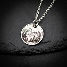 Handmade Sterling Silver 925 Mountain landscape nature necklace. Perfect for mountain and nature lovers.  It is a unisex necklace so it fits both men and women. I also offer the option to engrave a personal message on the pendant's back. You can select any meaningful message, quote, significant date, or any other sentiment of your choice." ❤  Every piece is a unique artwork carefully crafted  by my own hands. Because of this, every piece is unique. So there might be slight variations in shape or Nature-inspired Engraved Sterling Silver Necklace, Silver Pendant Necklace For Outdoor, Mens Necklace Personalized, Landscape Mountain, Jewelry Mens, Mens Necklace, Nature Necklace, Unisex Necklace, Landscape Nature