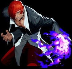 an anime character with red hair and white shirt, holding his hands out in front of him