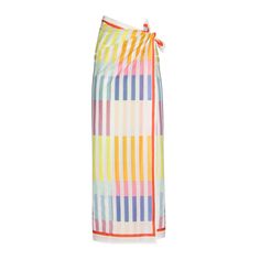 a multicolored skirt with an orange bow on the side and white stripes in front